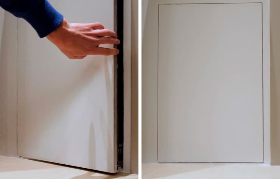 Особенность модели «Планшет Короб» – «умный зазор». Обои на дверце не повреждаются при открывании люка.