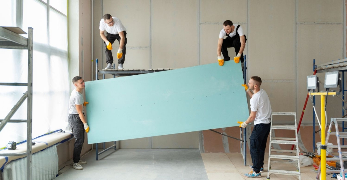 Рабочие монтируют гипсокартон