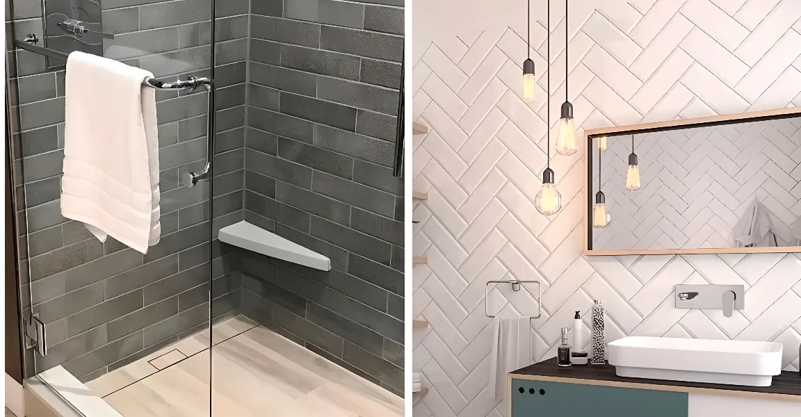 Слева кирпичная раскладка со смещением в интерьере, справа – укладка «елочкой»