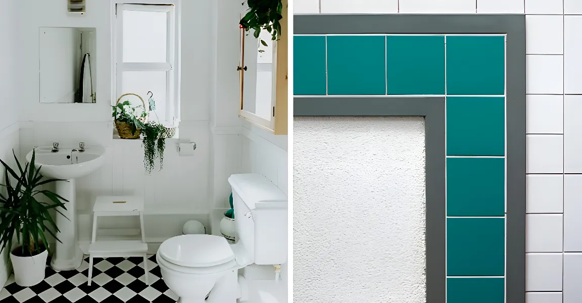 Слева – пример шахматной раскладки в интерьере, справа – облицовка с бордюром.